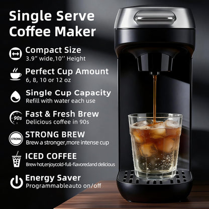 Greatogo Small Single Serve Coffee Maker for K Cup and Ground Coffee, Fast Brew One Cup Coffee, 6 to 12 oz. Brew Sizes, Machine with Descaling Reminder and Water Window, Black