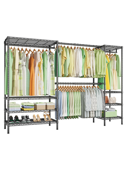 Ulif E11 Heavy-Duty Garment Rack, Metal Freestanding Clothes Rack and Closet Storage Organizer System with 8 Shelves and 4 Hanger Rods, (73.2-97.6)" W x 14.5" D x 71.2" H, Load 1034 LBS, Black