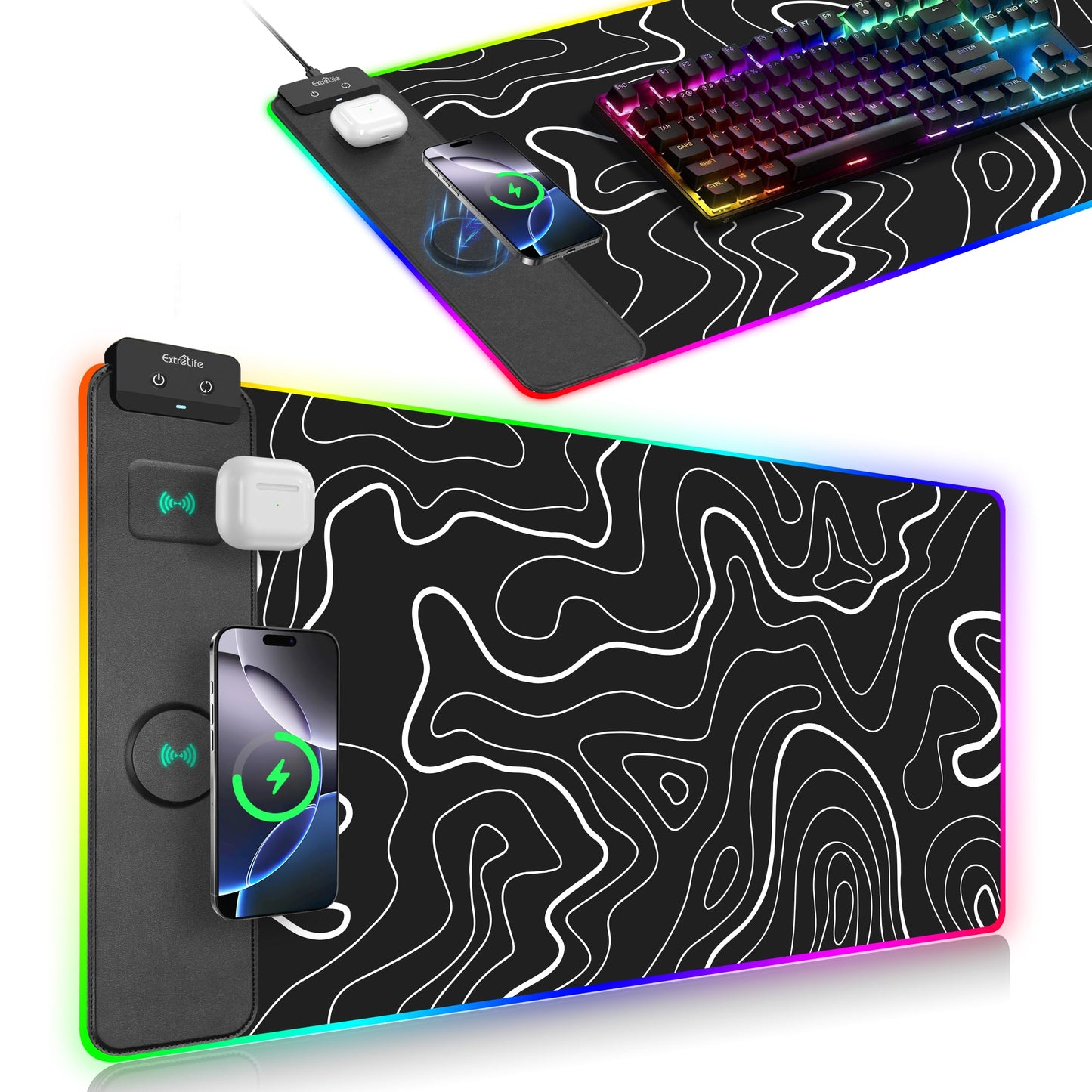 Wireless Charging Mouse Pad, RGB Gaming Mousepad, 31.5"x15.7" Extra Large Desk Pad, 13 Light Modes, Ultra-Smooth Surface, Non-Slip Base, Waterproof Computer Keyboard Mat for MacBook, PC, Laptop, Black