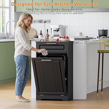 Single 10 Gallon Tilt Out Trash Can Cabinet with Deodorizing Function, Wooden Hidden Garbage Can Holder with Storage Drawers for Kitchen and Dining Room, Laundry Hamper Cabinet for Bathroom, Black