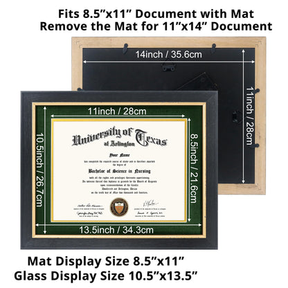 GMFrames 8.5x11 Wood Diploma Frame with Green Mat or Display 11x14 Certificates without Mat,Tempered Glass,Rustic Black Finish with Gold Trim
