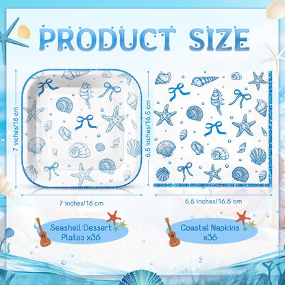 Zhehao 72 Pcs Coastal Seashell Plates and Napkins Set Serve 36, 7" Ocean Beach Party Supplies Disposable Blue Bow Starfish Seashell Beach Bachelorette Under The Sea Dinnerware Decoration