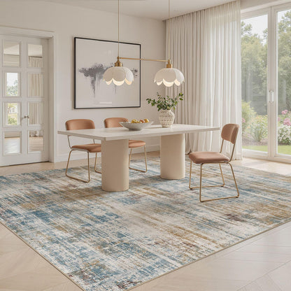 UERMEI 8x10 Washable Area Rug for Living Room: Modern Neutral Abstract Large Soft Low Pile Carpet Non-Slip Pet Kids Friendly Indoor Decor for Bedroom Dining Room Home Office Nursery Blue Brown