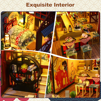 Hallisun DIY Miniature House Building Kits, Japanese Restaurant and Momo Tea House 3D Wooden Dollhouse Toys, Birthday Festival Gift for Teens Adults with Dustproof Covers