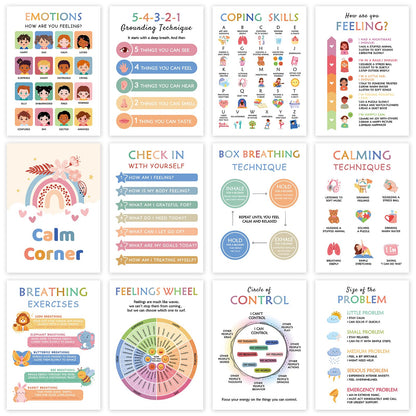 KIDS KING 12 Mental Health Posters, Therapy Office Decor, Counseling Office Must Haves School Counselor Supplies, Inspirational Positive Affirmations & Emotion Regulation Poster Wall Art Decor for Home Office Classroom (10"x14")