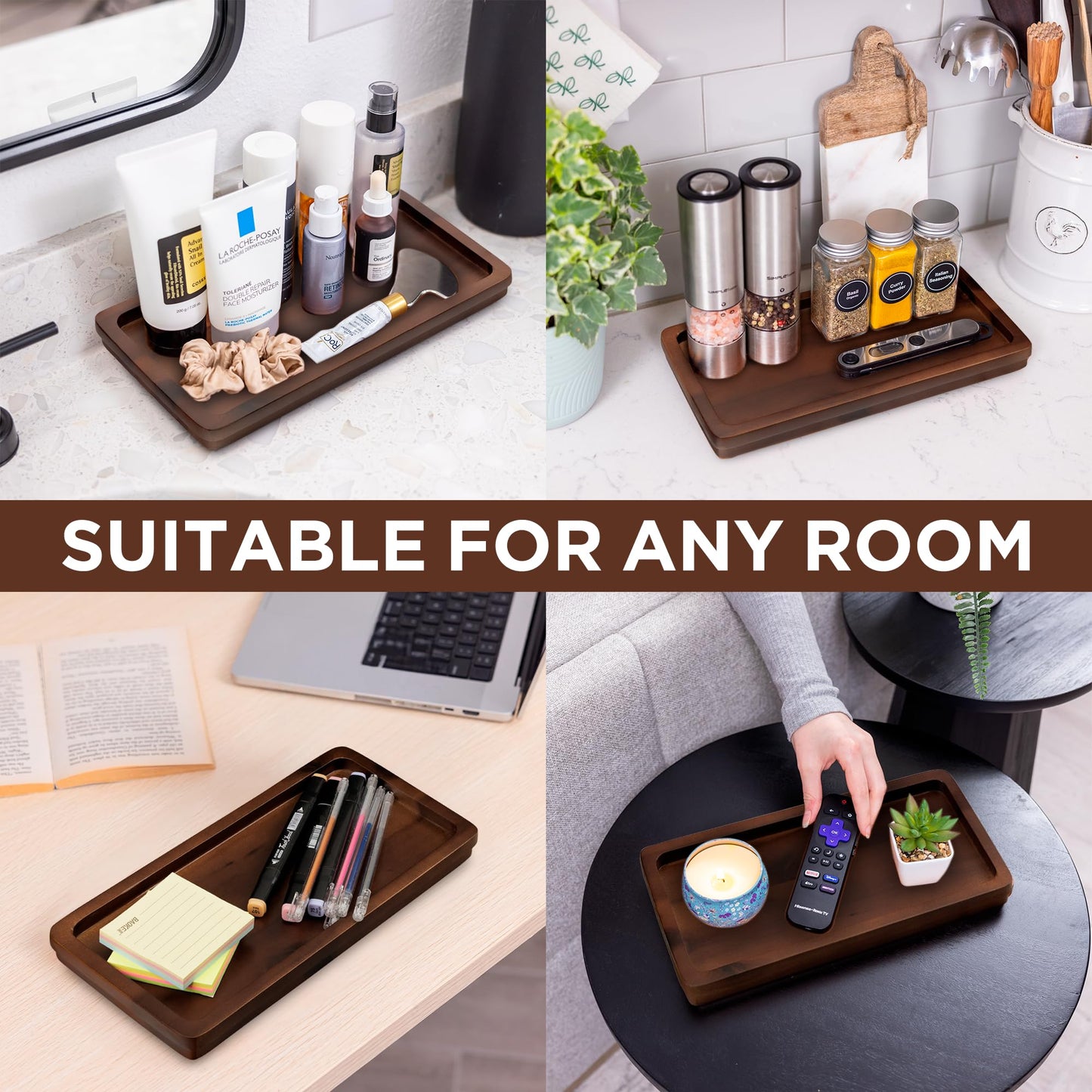Bathroom Vanity Tray 11.8x5.9in of Acacia Wood - Elegant Organizer for Cosmetics, Jewelry, Perfume, Candle, Key - Premium Wood Tray for Bathroom, Kitchen, Countertop, Toilet Tank, Sink (Dark Brown)