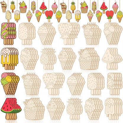 Thyle 120 Pcs Summer Ice Cream Crafts Bulk Wooden Ice Cream Ornaments to Painting DIY Unfinished Blank Wood Cutout for Crafts for Summer Party Activities
