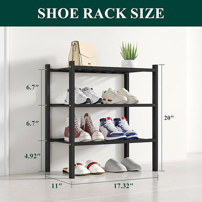 Smiry Small Bamboo Shoe Rack, 3 Tier Free Standing Wooden Shoe Organizer, Stackable Wood Shoe Storage Shelf for Closet, Entryway, 12 Vertical Slats, 2+1 Stack Standard Legs, 17.3"x11"x19.5", Black