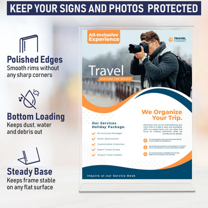 Acrylic Sign Holder 8.5 x 11, Slant Back Display Stand, A-Frame Flyer Display for Office, Menu Holder, and Table Signs. Acrylic Stands for Paper and Sign Frame, Perfect for Tabletop Use (6 Pack)