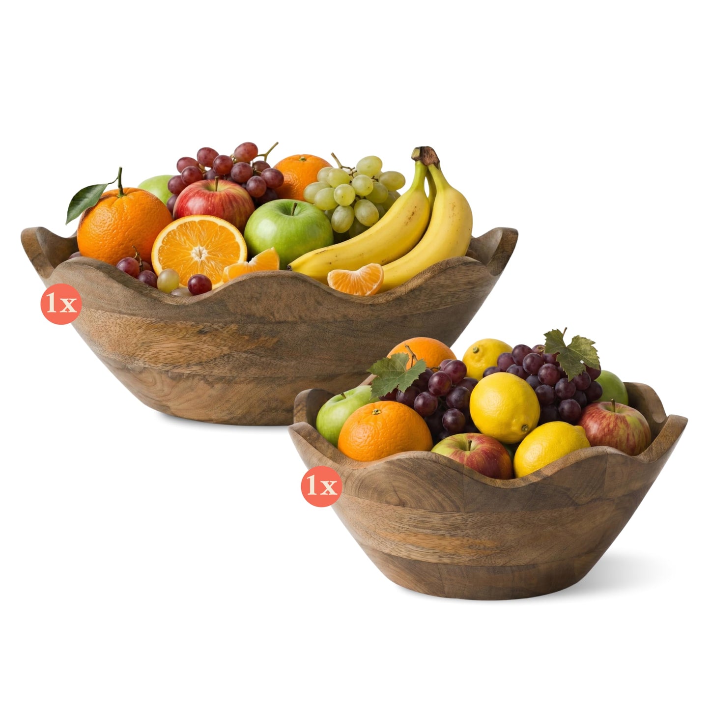 Mela Artisans Set of 2 Scalloped Mango Wood Bowls, 12 in Wide x 4 in Tall and 10 in Wide x 4 in Tall – Hand-Carved Decorative Serving Bowls with Visible Wood Grain
