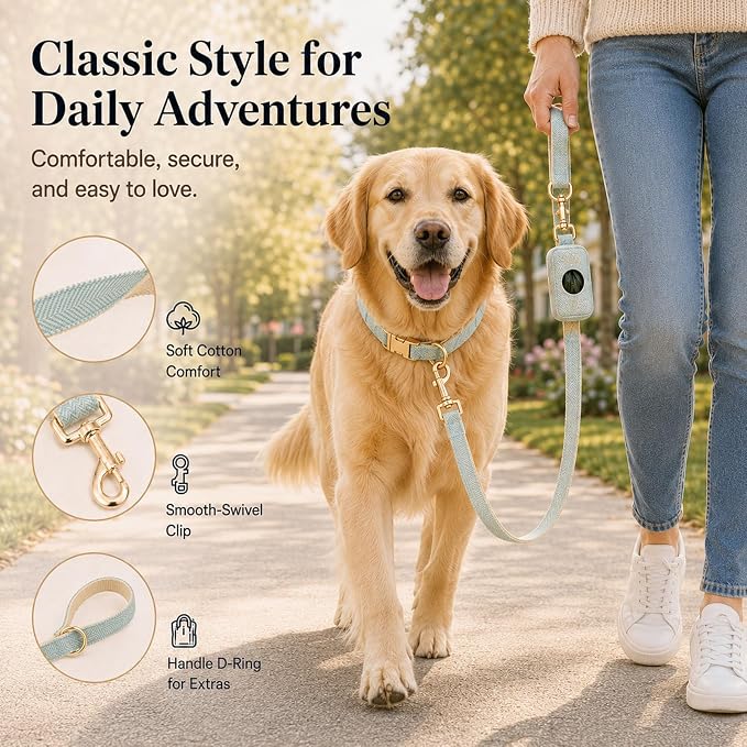Herringbone Tweed Dog Collar and Leash Set for Large Dogs, Light Blue | Snag-free, no-rub design. Soft breathable cotton, gentle on fur. Adjustable durable matching combo for walks & outdoors.