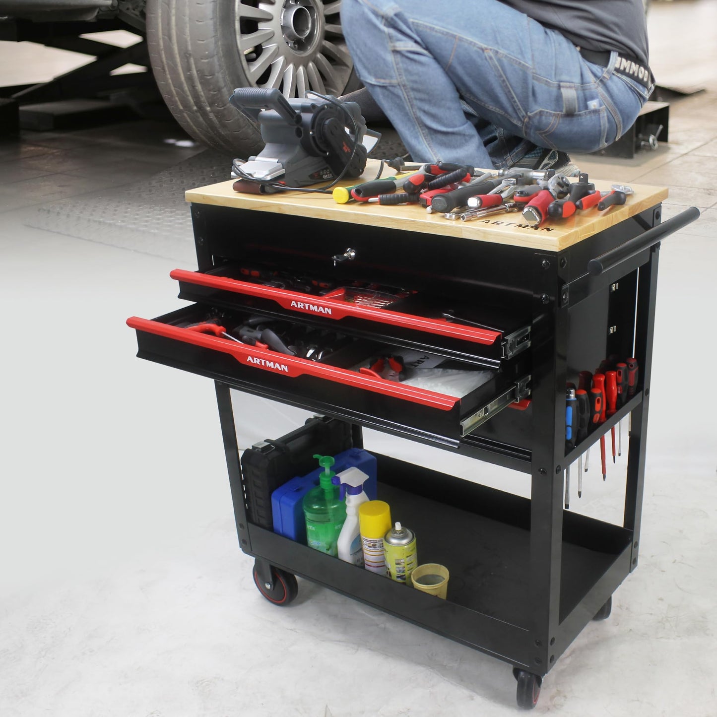 KEIKI 3-Drawer Rolling Tool Cart with Lift-Up Wooden Top, Utility Tool Box, Multi-Functional Tool Storage Organizer Cabinet for Garage, Warehouse, Workshop, Repair Shop, Black