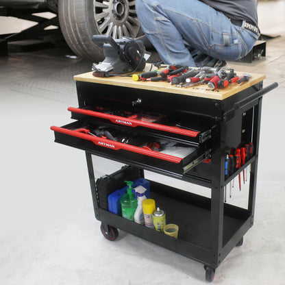 KEIKI 3-Drawer Rolling Tool Cart with Lift-Up Wooden Top, Utility Tool Box, Multi-Functional Tool Storage Organizer Cabinet for Garage, Warehouse, Workshop, Repair Shop, Black