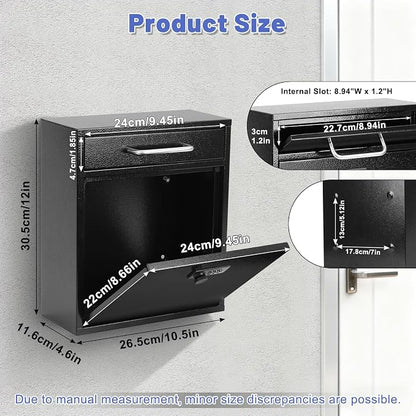 KYODOLED Wall Mount Mailbox for Outside, Combination Lock, Large, Black | Sturdy Steel, Anti-theft Large Drop Box, Ideal for Home, Office, School Daily Mail/Key/Cash Storage, 12H" x 10.5L" x 4.6W"