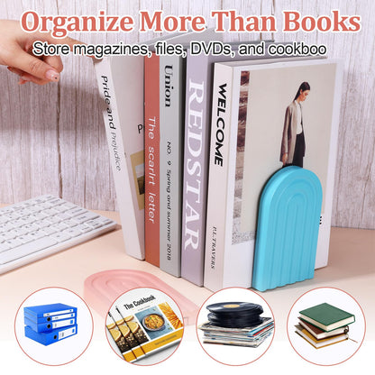 4Pcs Boho Arch Wooden Rainbow Bookends Cute Book Ends for Shelves Non Skid Wood Bookends Desert Pastels Book Holder Stand Stoppers for Home Office Back to School Library Kitchen Heavy Books