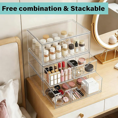Prsildan Acrylic Makeup Organizer Stackable Storage Drawers with 3 Drawers for Office Desk Vanity Craft Room Clear Drawer Organizers for Hair Accessories Art Supplies Cosmetics Modular System