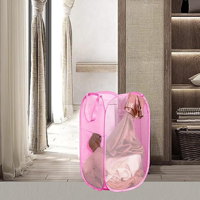 Portable Mesh Pop Up Laundry Hamper Pink Vertical Collapsible Laundry Basket
