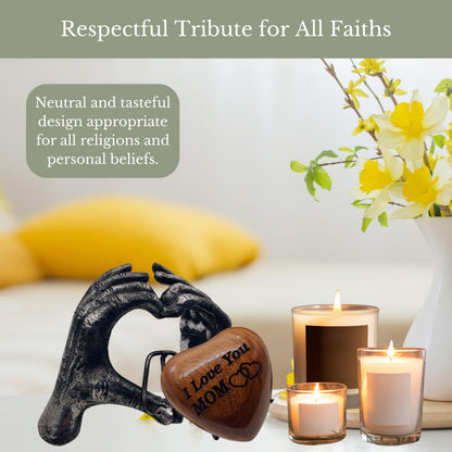 Wooden Heart Keepsake MOM Urn with Premium Display Hand Stand Engraved with I Love You MOM