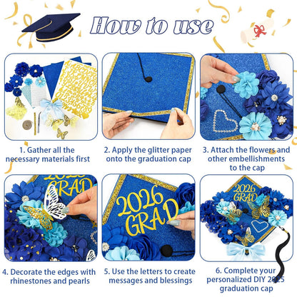 Graduation Cap Decorations Kit 2026 DIY Cap Decorations 36PCS Included Fake Flowers Heads Bow 3D Butterfly Self Adhesive Rhinestones Stickers Alphabet Letter Stickers for Grad Party Decor, Blue