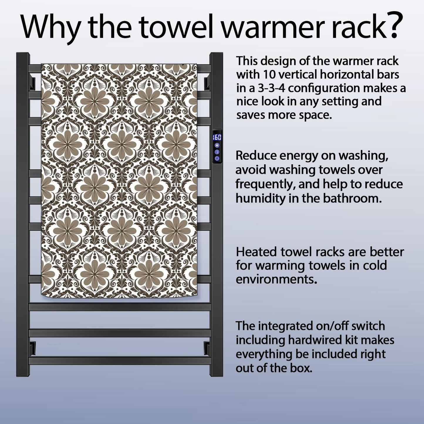 Towel Warmer Rack for Bathroom with Timer/Fahrenheit Temperature Control Wall Mounted Electric Heated 10 Bar Rail Plug-in or Hardwired Keep Bath Shower Towel Warming (Brushed Gold)