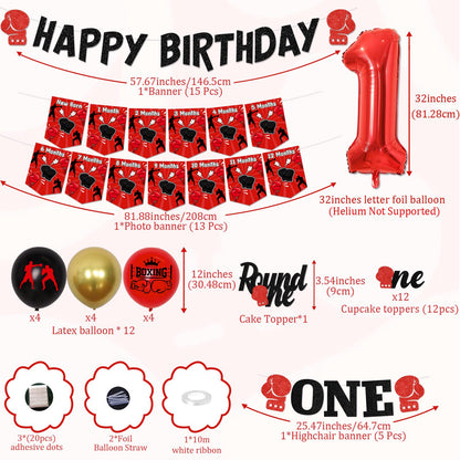 Boxing 1st Birthday Decorations Red Black Boxing Theme Happy Birthday Banner, Photo Banners, High Chair Banner, Round One Cake and Cupcake Toppers, Number 1 Balloons Kit for Boys First Bday Party