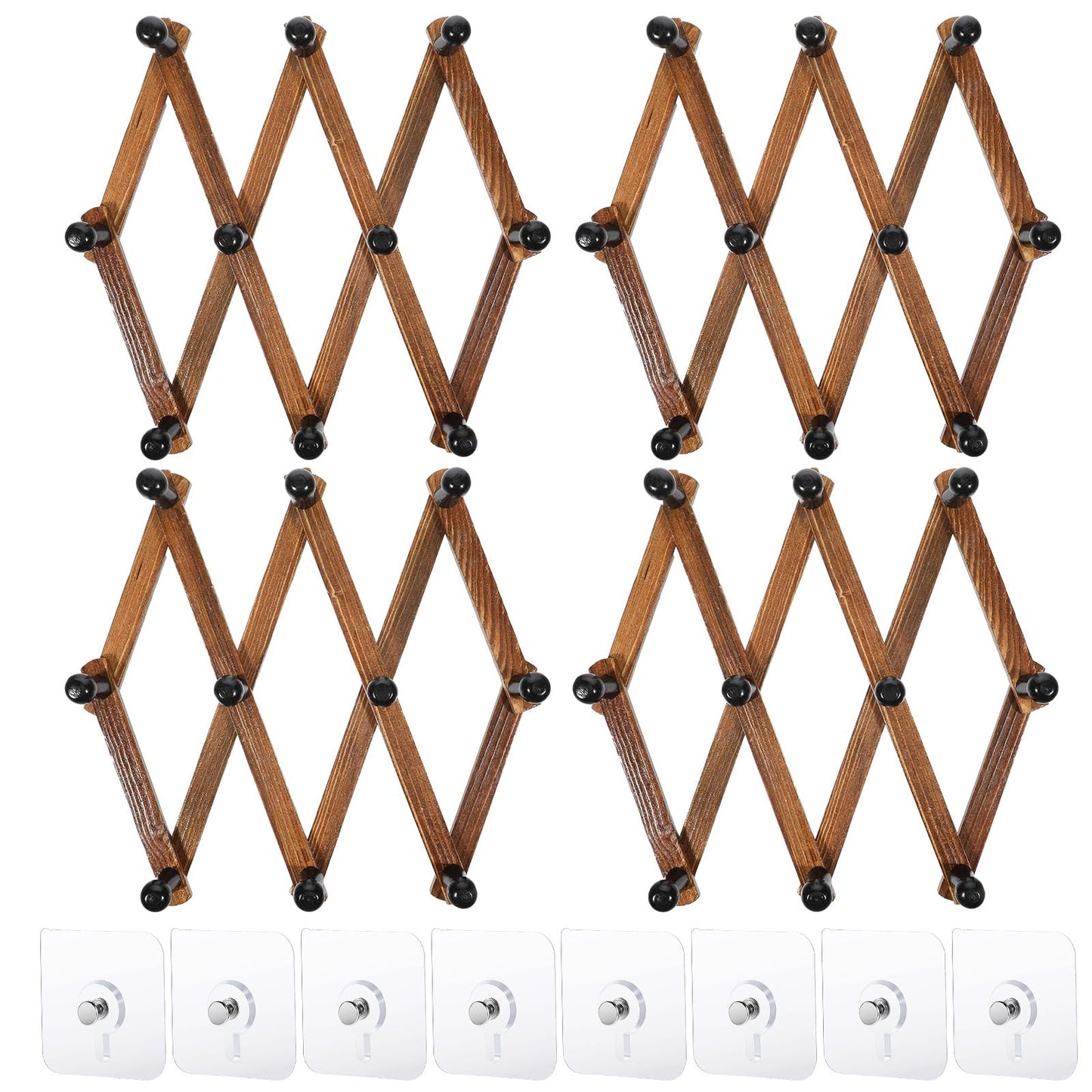 simarro 4 Pcs Accordion Wall Hanger, Expandable Coat Rack Wooden Hat Rack Including 10 Peg Hooks, X Shape Wall Mount Hat Holder for Hats Coat Scarf Jackets Purses