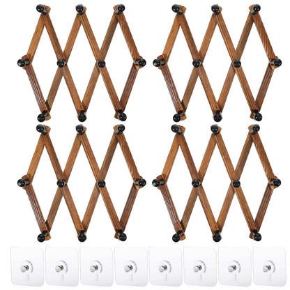 simarro 4 Pcs Accordion Wall Hanger, Expandable Coat Rack Wooden Hat Rack Including 10 Peg Hooks, X Shape Wall Mount Hat Holder for Hats Coat Scarf Jackets Purses