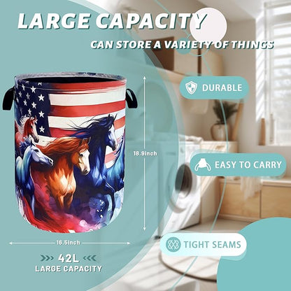 American Flag Horse Laundry Basket Patriotic Foldable Funny Laundry Hamper