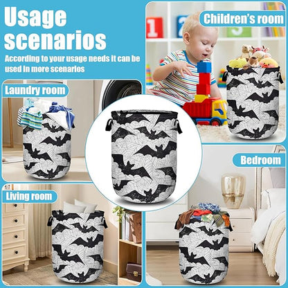 Retro Black White Bat Laundry Basket, Halloween Laundry Hamper Collapsible