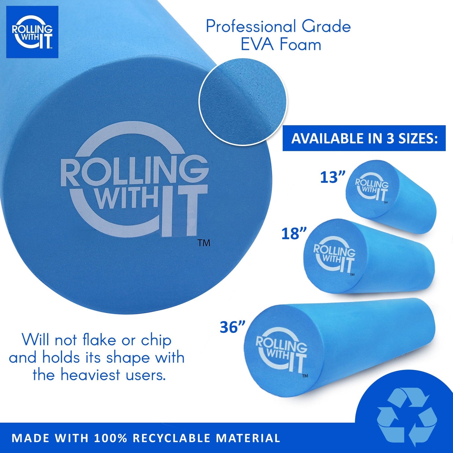 Rolling With It Foam Roller with High Density for Physical Therapy, Muscle Roller for Exercise and Muscle Recovery, Eco-Friendly Back Roller, Firm and Smooth Surface Massage Roller, Select Your Size