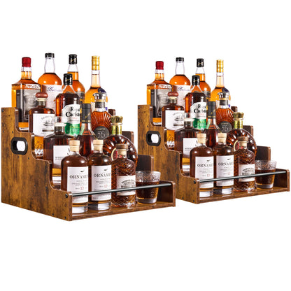 YQBRAO 2 Pack 4-Tier Liquor Bottle Display Shelf, 16-Inch Wooden Bar Shelves for Liquor Bottles, Countertop Whiskey Shelf and Bourbon Shelf Organizer for Home Bar, Kitchen (Rustic Brown)