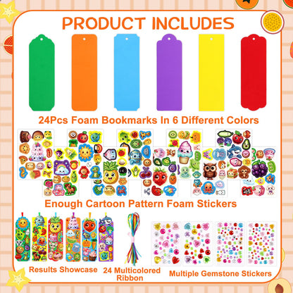 Treasure Cove Bookmark Craft Kits Kids DIY Bookmark Kit Foam Bookmarks Crafts Art Sets Fruits Sweet Treats Sun Ornaments Stickers for Kids Classroom Activities Rewards Party Favor 24 Pcs