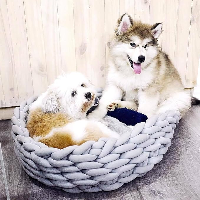 Woven Dog Bed Basket, Knitted Cotton Cat Bed Round Washable Woven Cat Pet Bed Chunky Dog Basket, Orthopedic, Chunky Knit Dog Nest,Dog Bed,Dog Cave,Dog Bedding(Purple,19")