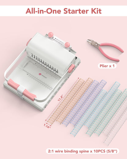 MAKEASY Binding Machine Hole Pitch 2:1 - Portable Book Binding Kit with 10PCS 5/8'' Binding Wires & Plier, for DIY Notebooks, Albums, Journals, and Calendars – Circle Holes, 20 Sheet Punch Capacity
