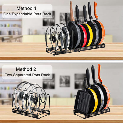 Toplife Pots and Pans Organizer Rack for Cabinet and Countertop, 10+ Pot Lids, Bakeware and Cookware Organizer Rack Holder with 10 Adjustable Compartments - Brown