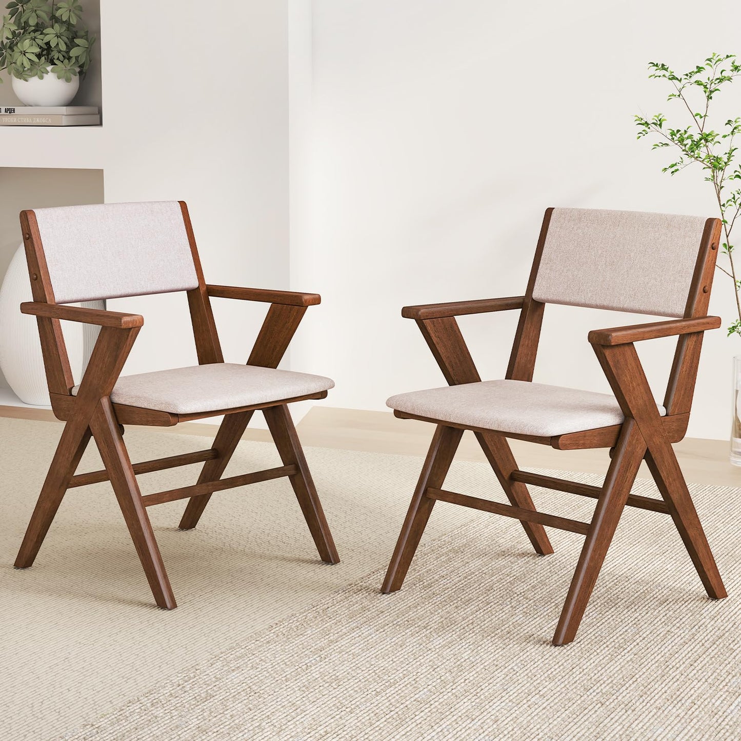 Giantex Wooden Dining Chairs Set of 2, Linen Fabric Upholstered Kitchen Chairs w/Armrests, Rubber Wood Frame, Padded Seat & Back, Farmhouse Side Chairs, Accent Chairs for Living Room Restaurant