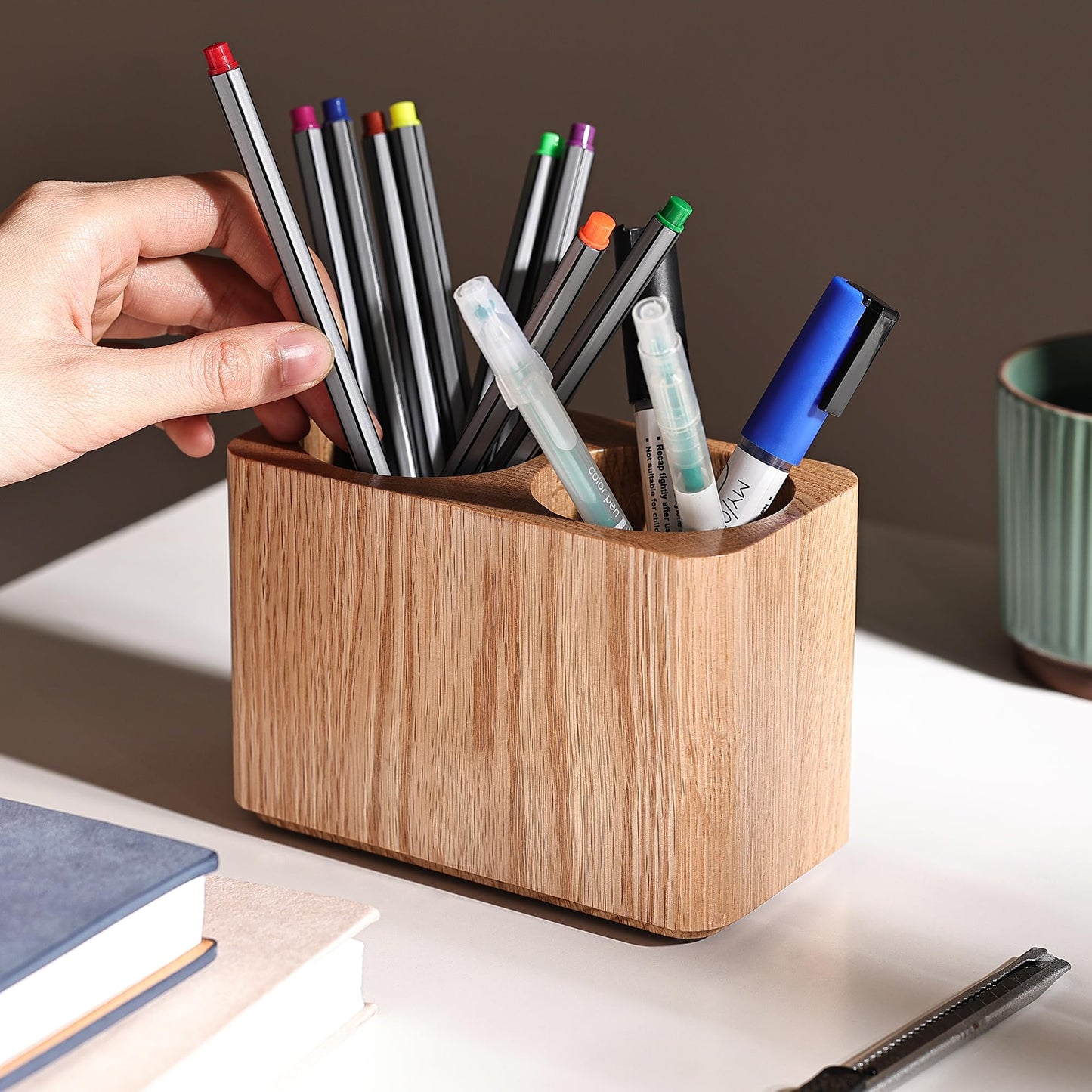 CAMLOT Oak Solid Wood Pen &Pencil Holder for Desk, Office Stationery Organizer, Table Pencil Cup Stand,Desk Accessories Holder, Two Cups Practical Design. (Nature Oak)