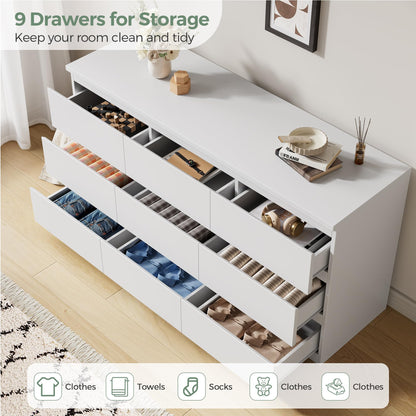 Jocoevol Modern White 9 Drawer Dresser for Bedroom, Simply Chest of Drawers, Wood Storage Dresser with Deep Drawers for Living Room Hallway Entryway (White)