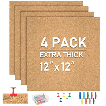 Cork Board Tiles - 4 Packs Adhesive Corkboards for Wall, Small Cork Board Squares Decorative for Office, School & Home