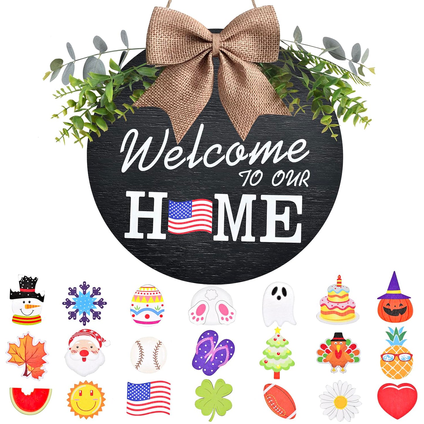 Interchangeable Welcome Home Sign, Seasonal Front Porch Door Decor With 21 Changeable Seasonal Icons for Halloween/Christmas/Independence Day, Rustic Wood Wreaths for Housewarming Gift (12") (Black)