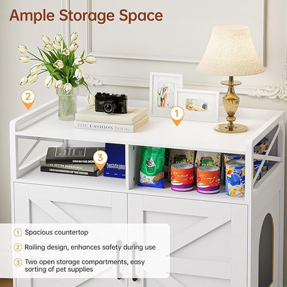 35" Ultra-Large Cat Litter Box Enclosure, Hidden Litter Box Cabinet with Anti-Tipping Fence and 2 Open Drawers, Enclosed Litter Box Furniture End Table, White