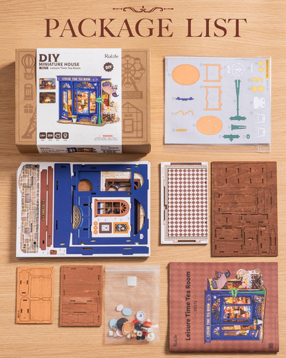 Rolife DIY Miniature House Kit Leisure Tea Time, 3D Book Nook Openable Bookshelf Decor for Adults, Mini Model House Kits, DIY Crafts Kit Halloween for Adults (Leisure Tea Time)