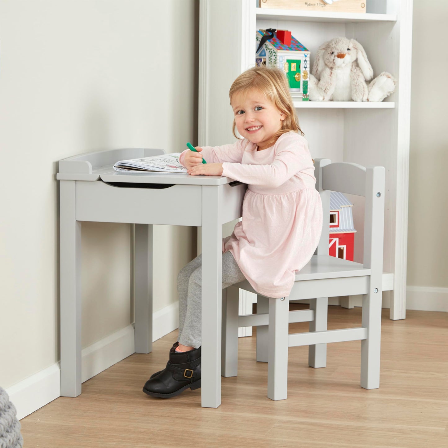 Melissa & Doug Wooden Lift-Top Desk & Chair - Gray , Grey