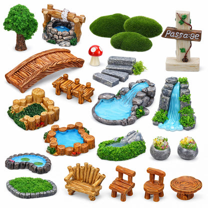 GGSTDDUP Mini Fairy Garden Accessories, Miniature Landscape Decorations Included Mini Bridge Pond Water Well for DIY Craft Lawn Pond Decor