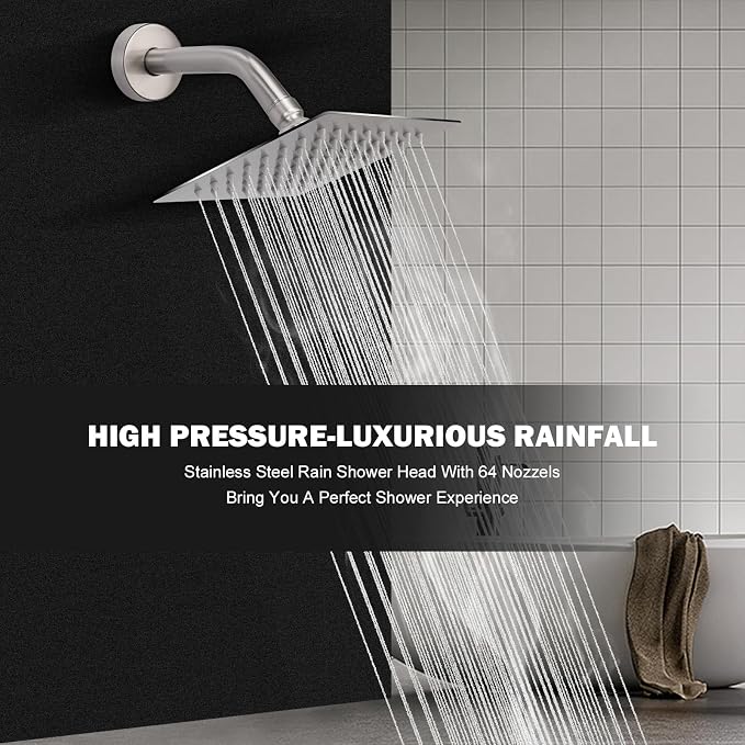 NearMoon Rain Shower Head, High Flow Stainless Steel Square Rainfall Shower, High Pressure Design, Awesome Shower Experience Even At Low Water Flow (6 Inch, Brushed Nickel)