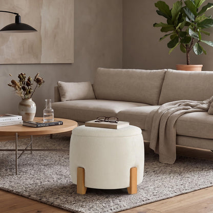 Get Set Style 22 inch Round Ottoman with Wooden Legs, Storage Vanity Stool for Makeup, Upholstered Footrest Stool,Coffee Table for Living Room, Bedroom
