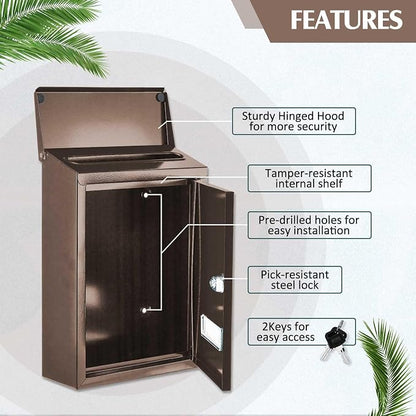 Amylove Weatherproof Mail Boxes with Key Lock, Security Locking Wall Mount Metal Mailbox with Slot for Outside, Large Capacity for Mail, Packages, Donations, Voting 11.8 H x 8.3 L x 2.8 W, Brown
