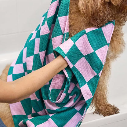 Dock & Bay Pet Towel - Super Absorbent & Quick Drying Dog Towels with Bag - 100% Recycled - Check Mutt, Medium (90x50cm, 35x19)