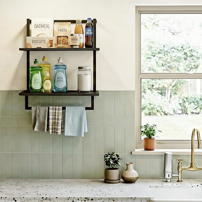 Wall Mounted Towel Rack for Bathroom, Bath Storage Holder 3-Tier Steel Wood Towel Shelf with Bar, Black