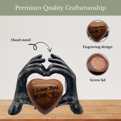 Wooden Heart Keepsake MOM Urn with Premium Display Hand Stand Engraved with I Love You MOM